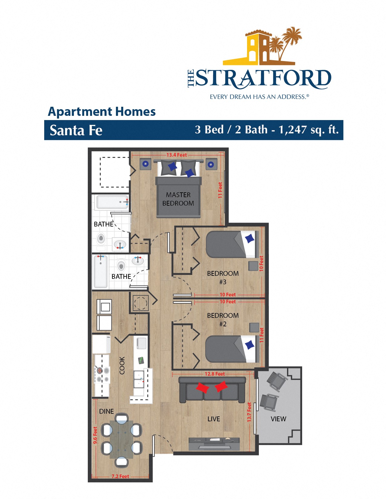 Floor plan for 3 beds, 2 baths, 1247 sqft